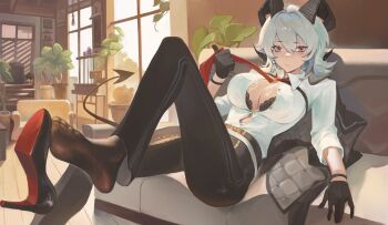 1girl absurdres black_bra black_gloves black_horns black_jacket black_pants black_pantyhose black_shoes black_tail bra bra_peek breasts chest_harness closed_mouth collared_shirt commentary couch curled_horns demon_tail earrings feet gloves grey_hair hair_between_eyes harness high_heels highres horns indoors jacket jacket_on_shoulders jewelry key_earrings large_breasts liudaohai6001 long_hair looking_at_viewer multicolored_hair necktie on_couch pants pantyhose pantyhose_under_pants red_eyes red_necktie shirt shirt_tucked_in shoes soles solo streaked_hair tail tight_clothes tight_pants toes underwear white_shirt wuthering_waves zani_(wuthering_waves)