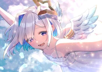 1girl :d amane_kanata angel_wings bare_arms blue_hair blue_wings bob_cut cloud colored_inner_hair commentary_request dress falling_feathers feathered_wings feathers flat_chest frilled_dress frills gradient_wings grey_hair halo highres hololive midair mini_wings multicolored_hair multicolored_wings nametakeko open_mouth outstretched_arms pink_streaks purple_eyes short_hair single_hair_intake smile solo spaghetti_strap star_halo strapless strapless_dress tilted_halo virtual_graduation_commemoration virtual_youtuber white_dress white_wings wings