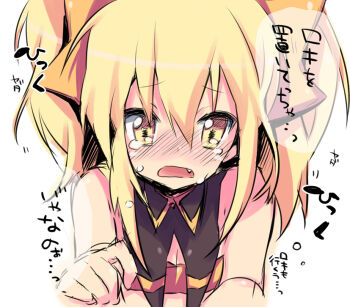 1girl blonde_hair blush fang female_focus gen_4_pokemon hair_ornament nakamura_sandayo nintendo personification pokemon shinx simple_background solo tears translation_request white_background yellow_eyes