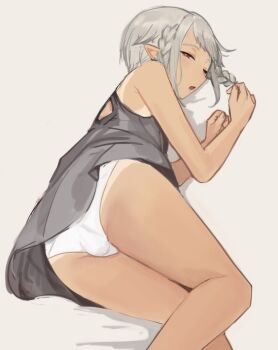 1boy armpit_crease ass ass_focus bare_shoulders braid bright_pupils bulge commentary_request crossdressing crossdressing_(mtf) dress elf elf_boy_(sunaba_(nczd5875)) feet_out_of_frame grey_dress grey_hair half-closed_eyes highres looking_at_viewer lying male_focus medium_hair on_side one_eye_closed open_mouth original panties partial_commentary pointy_ears red_eyes saliva shadow side_braids sidelocks sketch sleepy solo sunaba_(nczd5875) tan tanline trap underwear white_panties white_pupils
