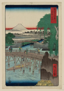 19th_century 2boys 4girls 6+others ando_hiroshige architecture blue_sky boat bridge city clear_sky east_asian_architecture fine_art_parody gradient_sky green_kimono grey_kimono hat hay highres japan japanese_clothes kimono mount_fuji mountain multiple_boys multiple_girls multiple_others nihonga obi oil-paper_umbrella original outdoors parody red_sash red_sky river rowboat rowing sash scenery sky straw_hat thirty-six_views_of_mount_fuji_(hiroshige) tokyo_(city) traditional_media translation_request tree ukiyo-e volcano water watercraft white_sky willow