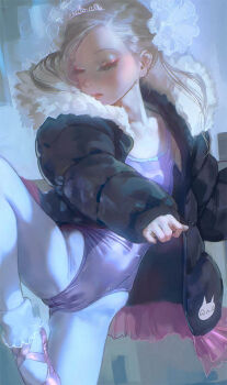 1=2 1girl athletic_leotard ballerina ballet ballet_slippers blonde_hair blue_leotard bobby_socks cameltoe closed_eyes coat commentary dancer dancing down_jacket earrings frilled_socks frills hair_ornament jacket jewelry leotard loli long_hair original pantyhose purple_theme shiny_clothes socks socks_over_pantyhose solo tiara white_pantyhose white_socks