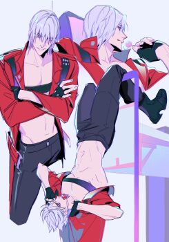 1boy abs absurdres arms_behind_head black_boots black_gloves black_pants blue_eyes boots candy chest_strap coat cropped_legs crossed_arms dante_(devil_may_cry) devil_may_cry_(series) exercising fingerless_gloves food full_body gloves grey_hair hair_between_eyes highres holding holding_candy holding_food holding_lollipop lollipop long_coat male_focus multiple_views muscular muscular_male pants parted_lips pectorals red_coat short_hair smile solo tongue tongue_out upper_body upside-down warsong_zhange