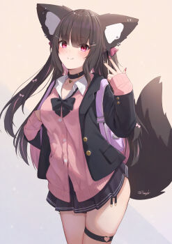 1girl absurdres animal_ears black_hair black_nails black_skirt blush breasts cardigan cleavage closed_mouth collared_shirt commentary_request fang fox_ears fox_girl fox_tail highres hinata_(user_rjkt4745) large_breasts long_hair long_sleeves looking_at_viewer multicolored_hair original paid_reward_available pink_cardigan pink_eyes pink_nails pleated_skirt shirt skirt smile tail thigh_strap thighs white_shirt