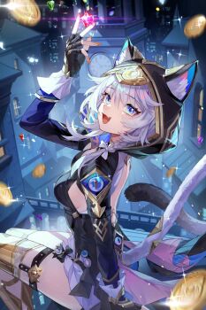 Rule 34 | 1girl, animal ear fluff, animal ears, animal hood, black gloves, black leotard, blue eyes, boots, breasts, cat ears, cat girl, cat hood, cat tail, cipher (honkai: star rail), clock, clock tower, coin, commentary, english commentary, fingerless gloves, gem, gloves, gold boots, gold coin, greyscale, highres, holding, holding gem, honkai: star rail, honkai (series), hood, hooded leotard, leotard, libero art, medium breasts, monochrome, night, open mouth, short hair with long locks, smile, solo, tail, thighs, tower, yellow nails