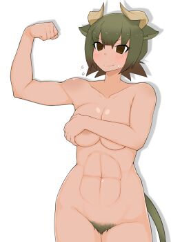 >:) 1girl abs animal_ears areola_slip arm_up aurochs_(kemono_friends) blush breasts breasts_squeezed_together brown_eyes brown_hair closed_mouth colored_pubic_hair covering_breasts covering_privates cow_ears cow_girl cow_horns cow_tail cowboy_shot empty_eyes female_pubic_hair flexing flustered flying_sweatdrops green_hair green_pubic_hair grey_background groin highres horizontal_pupils horns illu_(illu_stratos) kemono_friends kemono_friends_3 looking_at_viewer multicolored_hair navel nude pubic_hair short_hair simple_background smile solo stomach tail tan toned toned_female two-tone_hair v-shaped_eyebrows