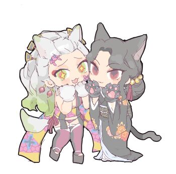 Rule 34 | 1636596992, 2girls, :3, animal ears, black hair, black kimono, cat ears, cat girl, cat tail, daki (kimetsu no yaiba), demon girl, genderswap, genderswap (mtf), highres, japanese clothes, kibutsuji muzan, kibutsuji muzan (female), kimetsu no yaiba, kimono, long hair, looking at viewer, multiple girls, red eyes, tail, thighhighs, thong