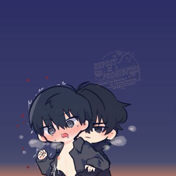 2boys @_@ ahoge black_coat black_hair black_shirt breath clenched_hand coat collared_shirt commentary double-parted_bangs drooling hair_between_eyes highres kim_dokja kimidori_22 male_focus multiple_boys nipples omniscient_reader&#039;s_viewpoint open_clothes open_coat open_shirt out-of-frame_censoring popped_collar reach-around shirt short_hair symbol-only_commentary yoo_joonghyuk