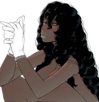 1girl black_hair blush breasts broccoli_(ohasi) cleavage commentary gloves green_lips hair_between_eyes half-closed_eyes hands_up kinky_hair knees_up large_breasts lipstick long_hair looking_at_viewer makeup nude ohasi original own_hands_together sitting solo symbol-only_commentary thick_lips upper_body white_gloves