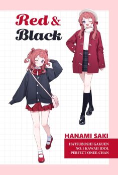 Rule 34 | 1girl, bag, beret, black shoes, black skirt, black socks, brown hair, commentary request, deadnooodles, english text, full body, gakuen idolmaster, hanami saki, hand up, hat, highres, idolmaster, jacket, kneehighs, loafers, long hair, long sleeves, looking at viewer, low twintails, mary janes, multiple views, one eye closed, open mouth, purple eyes, red jacket, red shoes, red skirt, salute, shoes, shoulder bag, simple background, skirt, smile, socks, twintails, two side up, white hat, white socks