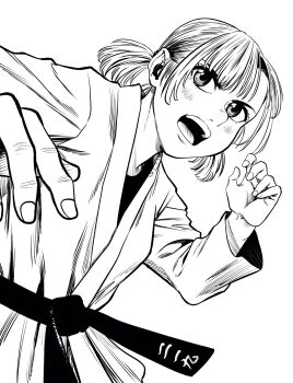 1girl breasts commentary_request dougi hatching_(texture) highres karate_gi lee_(dragon_garou) light_blush linear_hatching monochrome open_mouth original serious short_twintails small_breasts solo twintails upper_body v-shaped_eyebrows