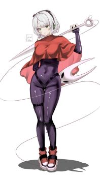 1girl anby_demara bodysuit breasts cloak closed_mouth commentary cosplay covered_navel dazed_pedler english_commentary full_body green_eyes highres holding holding_weapon hollow_knight hollow_knight:_silksong horned_mask hornet_(hollow_knight) hornet_(hollow_knight)_(cosplay) looking_at_viewer mask medium_breasts needle_(hollow_knight) parted_bangs purple_bodysuit red_cloak red_shoes shoes short_hair simple_background skin_tight solo standing weapon white_background white_hair white_mask zenless_zone_zero