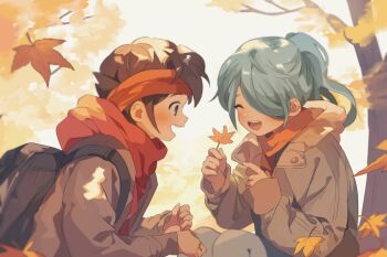 2boys autumn autumn_leaves backpack bag black_bag blue_hair blue_pants brown_eyes brown_hair brown_jacket commentary_request ebi_(shrimp_eleven) endou_mamoru hair_over_one_eye holding holding_leaf hood hooded_jacket inazuma_eleven inazuma_eleven_(series) jacket kazemaru_ichirouta kneeling leaf long_hair long_sleeves looking_at_leaf male_focus multiple_boys one_eye_covered open_mouth orange_scarf outdoors pants pointing ponytail red_scarf scarf sky sleeves_past_wrists teeth tree