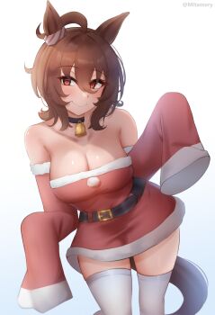 1girl absurdres agnes_tachyon_(umamusume) ahoge animal_ears bare_shoulders bell black_choker blush breasts brown_hair brown_tail choker cleavage closed_mouth commentary cowbell detached_sleeves dress ear_ornament english_commentary feet_out_of_frame fur-trimmed_dress fur-trimmed_sleeves fur_trim hair_between_eyes hands_up highres horse_ears horse_girl horse_tail huge_ahoge large_breasts looking_at_viewer medium_hair mitamory neck_bell red_dress red_eyes red_sleeves santa_costume santa_dress simple_background sleeves_past_fingers sleeves_past_wrists smile solo standing strapless strapless_dress tail thighhighs thighs umamusume white_background white_thighhighs