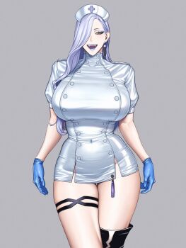 1girl blue_gloves blue_lips breasts cowboy_shot dress fangs fate/grand_order fate_(series) gloves grey_background hair_over_one_eye half-closed_eyes hat highres hihizaru_badass large_breasts latex latex_gloves mrs._snake_(fate) nurse nurse_cap open_mouth short_dress simple_background smile solo standing thigh_strap thighs wide_hips yellow_eyes