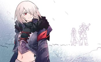 1girl 2boys antarctica armband armor chaossstar chinese_commentary coat command_&amp;_conquer command_&amp;_conquer:_red_alert commentary cross-laced_clothes cross-laced_top full_armor fur-trimmed_jacket fur_trim girdle greatcoat gun hair_over_one_eye highres holding holding_gun holding_weapon hood hood_down ice jacket libra_(mental_omega) looking_back midriff multiple_boys navel pleated_sleeves proselyte_(mental_omega) purple_coat rahn_(mental_omega) red_armband red_eyes resh_vav_yod_symbol short_hair sketch_background smile snow translated upper_body weapon white_hair