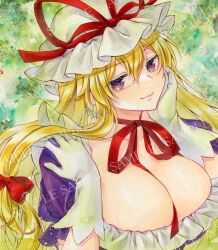 Rule 34 | 1girl, alto2019, blonde hair, bow, breasts, cleavage, closed mouth, commentary, gloves, hair between eyes, hair bow, hat, huge breasts, long hair, looking at viewer, low-tied long hair, mob cap, red bow, sample watermark, solo, touhou, upper body, watermark, white gloves, white hat, yakumo yukari