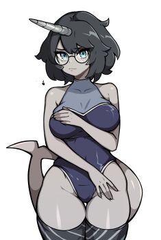 1girl bare_arms blue_eyes blue_one-piece_swimsuit breasts cetacean_tail closed_mouth colored_skin commentary commission cowboy_shot english_commentary fins fish_tail glasses grey_hair grey_skin grey_thighhighs groin hand_on_own_chest highleg highleg_one-piece_swimsuit highres horns large_breasts looking_at_viewer narwhal_girl one-piece_swimsuit oninuer original parted_bangs round_eyewear short_hair simple_background single_horn solo striped_clothes striped_thighhighs swimsuit tail thick_thighs thighhighs thighs white_background