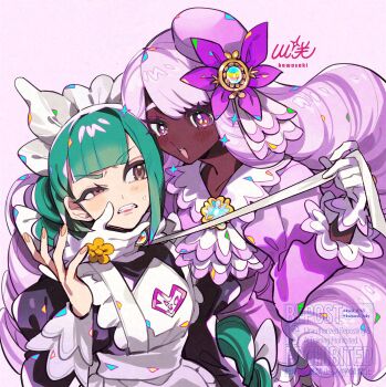 2girls apron ascot black_romper blunt_bangs blush bow bowtie braid braided_ponytail breasts brown_eyes dark-skinned_female dark_skin dress fascinator frilled_ascot frills glove_bow gloves green_hair hair_ornament hand_on_another&#039;s_chin highres jacinthe_(pokemon) juliet_sleeves kawasaki_(kwsk_8765) lebanne_(pokemon) long_braid long_hair long_sleeves low_drills maid maid_apron maid_headdress master_and_servant mega_stone multiple_girls nintendo open_mouth pokemon pokemon_legends:_z-a puffy_sleeves purple_dress purple_eyes purple_hair romper smile star_(symbol) sweat teeth very_dark_skin white_bow white_bowtie white_gloves