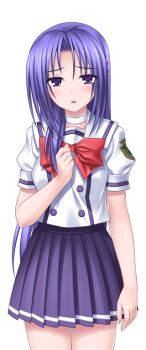 1girl blue_hair blush bow game_cg hair_ornament higuchi_isami large_variant_set long_hair looking_at_viewer mahou_shoujo_sae murakami_shizuru non-web_source official_art open_mouth pleated_skirt purple_eyes purple_hair school_uniform skirt solo transparent_background variant_set