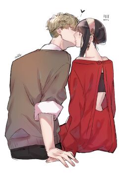 ! !! 1boy 1girl black_hair black_pants black_shirt blonde_hair breasts closed_eyes collared_shirt couple dress earrings gold_earrings grey_sweater hairband hetero highres holding_hands jewelry kiss long_hair medium_breasts midriff off-shoulder_dress off_shoulder pants red_dress shirt shirt_under_sweater short_hair sidelocks sleeves_rolled_up spy_x_family strapless sweater sweater_dress tube_top twilight_(spy_x_family) umini_ikukara upper_body white_background white_hairband white_shirt yor_briar