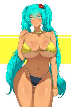 1girl absurdres aqua_eyes aqua_hair bad_tag beads bent_over big_breasts bikini bracelet brazil brazilian_female brazilian_miku breasts can curvy earrings eyewear_on_head female gigantic_thighs gold_bikini hand_on_ass hatsune_miku highres jewelry large_breasts looking_at_viewer looking_back sandals smile solo sunglasses swimsuit tan tanline teasing thick_thighs thighs twitter_link vocaloid waist_beads white_background