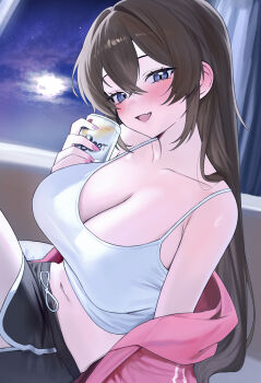 1girl artist_request bare_shoulders black_hair black_shorts blue_eyes breasts can cleavage commission crop_top dolphin_shorts fang hair_between_eyes highres holding holding_can jacket large_breasts long_hair looking_at_viewer midriff nail_polish navel off_shoulder open_mouth original pink_jacket second-party_source shirt short_shorts shorts sitting sleeveless sleeveless_shirt smile solo spaghetti_strap stomach takamiya_keika very_long_hair white_shirt