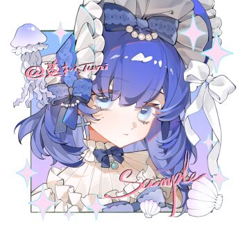 1girl animal artist_name blue_bow blue_eyes blue_hair blunt_bangs bonnet bow closed_mouth commission expressionless eyelashes frilled_bonnet frills gem highres jellyfish long_hair looking_at_viewer mihuashi_commission mole mole_under_eye original pearl_(gemstone) portrait sample_watermark shell square tuni_(weibo_5659389536) watermark white_bow