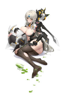 1girl absurdres alternate_breast_size ass black_dress black_gloves black_pantyhose blush bracelet breasts brooch character_request cleavage clothes_pull commentary_request dress elbow_gloves elsword eve_(elsword) feet forehead_jewel gloves grey_hair heart heart-shaped_pupils highres jewelry large_breasts long_hair lying no_panties no_shoes on_side pantyhose pantyhose_pull parted_lips potion puffy_sleeves pussy pussy_juice pussy_juice_trail robot shenqi_xiao_hong_zai_nali short_dress sidelocks simple_background soles solo suggestive_fluid sweat symbol-shaped_pupils teeth toes torn_clothes torn_dress very_long_hair white_background yellow_eyes