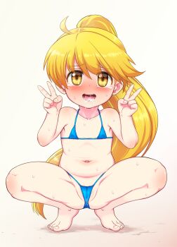 1girl after_fellatio bikini blonde_hair blush cameltoe cum cum_in_mouth double_v feet female_focus flat_chest highres loli long_hair looking_at_viewer micro_bikini muhyowo navel nintendo pokemon pokemon_adventures ponytail solo spread_legs squatting stomach sweat swimsuit tears thighs toes v yellow_(pokemon)