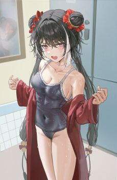 1girl absurdres black_hair blue_one-piece_swimsuit blush breasts cleavage collarbone double_bun eonyan_(chaeyang) film_grain hair_bun highres jia_xichun_(project_moon) limbus_company long_hair medium_breasts multicolored_hair one-piece_swimsuit open_mouth project_moon red_eyes solo streaked_hair swimsuit twintails v-shaped_eyebrows very_long_hair white_hair