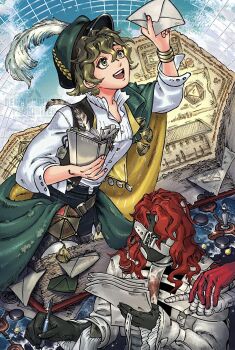 1boy 1girl :d aleph_(reverse:1999) black_gloves black_mask black_shorts black_vest blue_sky bracelet brown_hair cape covered_face cowboy_shot cracked_mask dice envelope gloves green_cape green_eyes green_hat hand_on_another's_shoulder hand_up hat hat_feather highres holding holding_envelope holding_notebook holding_paper holding_pen i_(220_i_284) jewelry long_hair looking_up newsboy_cap notebook open_mouth paper pen polyhedral_dice reading recoleta_(reverse:1999) red_hair reverse:1999 shirt shorts sky smile teeth upper_body upper_teeth_only vest white_shirt