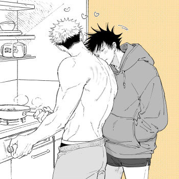 2boys blush borrowed_clothes closed_eyes closed_mouth commentary_request cooking cup dolphin_shorts frying_pan fushiguro_megumi hands_in_pockets heart hickey hood hood_down hoodie itadori_yuuji jj59u jujutsu_kaisen kitchen looking_at_another male_focus male_underwear male_underwear_peek morning_after mug multiple_boys muscular muscular_male pants scratches short_hair short_shorts shorts sleepy spiked_hair stove sweatpants topless_male undercut underwear yaoi
