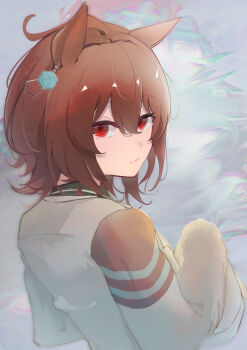 1girl absurdres agnes_tachyon_(tach-nology)_(umamusume) agnes_tachyon_(umamusume) ahoge blue_background bow chemical_structure coat commentary_request ear_ornament earrings hair_between_eyes hair_bow highres jewelry lab_coat long_sleeves red_eyes sei_(bigaa) short_hair single_earring sleeves_past_fingers sleeves_past_wrists solo umamusume white_coat