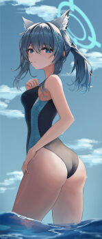 Rule 34 | 1girl, animal ear fluff, animal ears, ass, bare shoulders, bikini, black one-piece swimsuit, blue archive, blue eyes, blue sky, blush, cloud, cloudy sky, commentary, competition swimsuit, cross, cross hair ornament, day, extra ears, from behind, grey hair, hair ornament, halo, highres, inverted cross, long hair, looking at viewer, looking back, low ponytail, lows., mismatched pupils, multicolored swimsuit, ocean, official alternate costume, one-piece swimsuit, outdoors, parted lips, ponytail, revision, shiroko (blue archive), shiroko (swimsuit) (blue archive), sky, solo, standing, swimsuit, two-tone swimsuit, wading, water, wedgie, wet