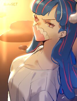 1girl blue_hair breasts cleavage cloud cloudy_sky collarbone commentary from_side horns long_hair looking_at_viewer lowres mask medium_breasts mouth_mask one_piece orange_sky outdoors pink_eyes raine_(acke2445) serious shirt sky solo sunset symbol-only_commentary ulti_(one_piece) upper_body white_shirt