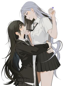 Rule 34 | 2girls, absurdres, black bow, black bowtie, black hair, black jacket, black necktie, black skirt, blazer, bow, bowtie, brown eyes, candy, collared shirt, eye contact, food, grey eyes, grey hair, highres, holding, holding candy, holding food, holding lollipop, hug, jacket, lollipop, long hair, looking at another, mole, mole under eye, mouth hold, multiple girls, myabit, necktie, necktie in mouth, original, pleated skirt, school uniform, shirt, simple background, skirt, white background, white shirt, yuri