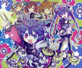 4girls :d @_@ ahoge animal_ears aqua_hair arm_up black_pantyhose blue_eyes blue_hair blush_stickers boots bow brown_hair closed_eyes commentary crossed_bangs drawstring ear_covers ear_ornament floral_background hair_bow hand_on_own_chest hand_up hat heterochromia highres hood hoodie horse_ears horse_girl horse_tail ikuno_dictus_(mantle_of_steel)_(umamusume) ikuno_dictus_(umamusume) index_finger_raised jitome long_hair long_sleeves looking_at_viewer matikanetannhauser_(panpaka_tiltott)_(umamusume) matikanetannhauser_(umamusume) multicolored_hair multicolored_hoodie multiple_girls multiple_views newsboy_cap nice_nature_(poinsettia_ribbon)_(umamusume) nice_nature_(umamusume) one_eye_closed open_mouth outline pantyhose pointing pointing_up purple_eyes red_hair round_eyewear sharp_teeth sidelocks smile star_(symbol) striped_bow stuffed_animal stuffed_rabbit stuffed_toy symbol-only_commentary tail teeth twin_turbo_(blast_mode!_turbo_engine)_(umamusume) twin_turbo_(umamusume) twintails two-tone_hair umamusume upper_teeth_only usagi_nui very_long_hair white_outline yellow_boots