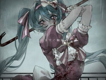 1girl blood blood_on_clothes blood_on_face bloody_weapon blue_eyes blue_hair bow bowtie crowbar daddyxxxk dress gloves hair_bow hair_ribbon hairband hatsune_miku highres holding holding_crowbar holding_weapon ima_sugu_rinne_(vocaloid) long_hair pink_bow pink_bowtie pink_dress pink_hairband pink_ribbon puffy_short_sleeves puffy_sleeves rain ribbon short_sleeves solo star-shaped_pupils star_(symbol) symbol-shaped_pupils twintails very_long_hair vocaloid weapon white_bow white_gloves