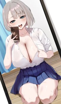 Rule 34 | 1girl, aqua eyes, blue skirt, breast pocket, breasts, buttons, collared shirt, curtains, eyelashes, grey hair, heart, highres, holding, holding phone, hololive, kinkikids753, kneeling, large breasts, open mouth, phone, pleated skirt, pocket, selfie, shadow, shirogane noel, shirt, skirt, solo, tongue, virtual youtuber, white shirt, wooden floor