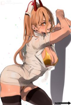 1girl absurdres alternate_costume bikini black_thighhighs breasts brown_hair chainsaw_man cleavage commentary demon_girl demon_horns dress english_commentary gold_bikini grin hair_between_eyes hat highres horns lady_shin large_breasts nurse nurse_cap power_(chainsaw_man) sharp_teeth short_dress smile solo swimsuit teeth thighhighs thong_bikini white_dress white_hat yellow_eyes
