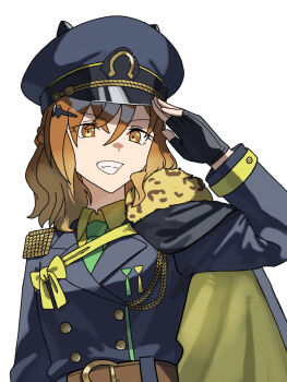 1girl animal_ears belt black_gloves black_jacket brown_belt brown_hair buttons cape collared_shirt commentary double-breasted ear_covers ears_through_headwear english_commentary epaulettes fingerless_gloves gloves green_necktie grin hair_between_eyes hair_ornament hairclip hat horse_ears horse_girl jacket jungle_pocket_(umamusume) long_sleeves looking_at_viewer medium_hair military_uniform necktie okimoto open_mouth peaked_cap shirt single_epaulette smile solo teeth umamusume upper_body yellow_cape yellow_eyes yellow_shirt