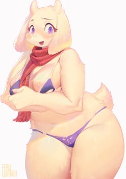 1girl bikini blue_eyes breasts female_focus furry furry_female goat highres inuki_(aruurara) mature_female medium_breasts open_mouth plump solo swimsuit thick_thighs thighs toriel undertale utdr_(toby_fox)
