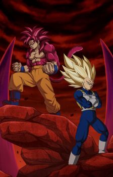 2boys absurdres blonde_hair blue_bodysuit blue_boots blue_wrist_cuffs body_fur bodysuit boots buraku_black clenched_hands commentary_request crossed_arms dragon_ball dragon_ball_daima full_body gloves green_eyes highres male_focus monkey_tail multiple_boys muscular muscular_male no_eyebrows orange_pants pants red_eyes red_fur red_hair red_tail son_goku spiked_hair standing super_saiyan super_saiyan_3 super_saiyan_4 tail vegeta white_boots white_gloves wrist_cuffs