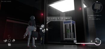 2girls absurdres asteroid_ill black_hair black_jacket black_pants black_shirt blue_eyes bodysuit commentary full_body grey_hair hair_between_eyes heads-up_display health_bar highres holding holding_suitcase holographic_interface indoors jacket long_sleeves medium_hair minimap multiple_girls original pants phone_booth rethina_(asteroid_ill) science_fiction shirt speech_bubble standing suitcase talking timestamp translation_request untranslatable_commentary user_interface white_bodysuit