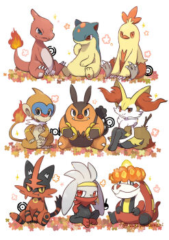 animal_focus braixen charmeleon closed_mouth colored_sclera combusken crocalor fangs fire flame-tipped_tail gen_1_pokemon gen_2_pokemon gen_3_pokemon gen_4_pokemon gen_5_pokemon gen_6_pokemon gen_7_pokemon gen_8_pokemon highres looking_at_viewer monferno nintendo no_humans orange_eyes pignite pokemon pokemon_(creature) quilava raboot red_eyes saki_pokeoekaki simple_background sitting smile tail torracat twitter_username unown unown_! unown_h unown_o white_background yellow_sclera