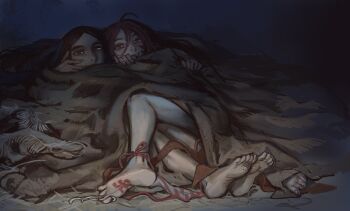 1boy 1girl aged_down ahoge androgynous barefoot black_hair blanket clothes_on_floor cultist-chan dark_skin emperor_of_mankind facial_mark highres in_shadow khorne_(symbol) mossacannibalis panties panties_around_one_ankle red_eyes red_hair shared_blanket sharp_teeth side-tie_panties smile teeth under_covers underwear warhammer_40k