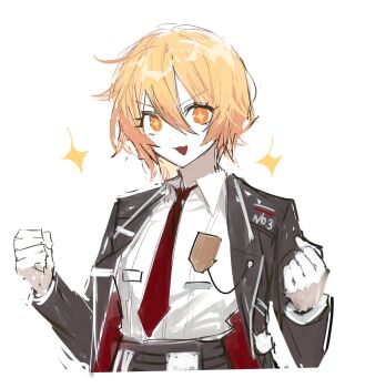 1girl :3 bad_link black_coat black_pants blonde_hair clenched_hands coat collared_shirt cowboy_shot don_quixote_(project_moon) highres lapels limbus_company necktie notched_lapels open_mouth pants project_moon red_necktie remsrar shirt simple_background smile solo source_request sparkle third-party_source white_background white_shirt yellow_eyes