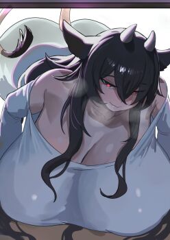 1girl animal_ears bare_shoulders bent_over black_hair breasts cleavage closed_mouth commentary cosplay cow_ears cow_girl cow_horns cow_tail double-parted_bangs dress english_commentary gigantic_breasts grey_dress heavy_breathing horns long_hair looking_at_viewer naomi_(jampulse) nia_(nia4294) original red_eyes sidelocks smile solo tail the_ring through_medium through_screen white_background yamamura_sadako yamamura_sadako_(cosplay)