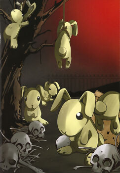 asphyxiation bone corpse dark_background dead_tree death doubt hanged highres impaled looking_at_viewer noose rabbit railing red_background rope skull stuffed_animal stuffed_rabbit stuffed_toy tree